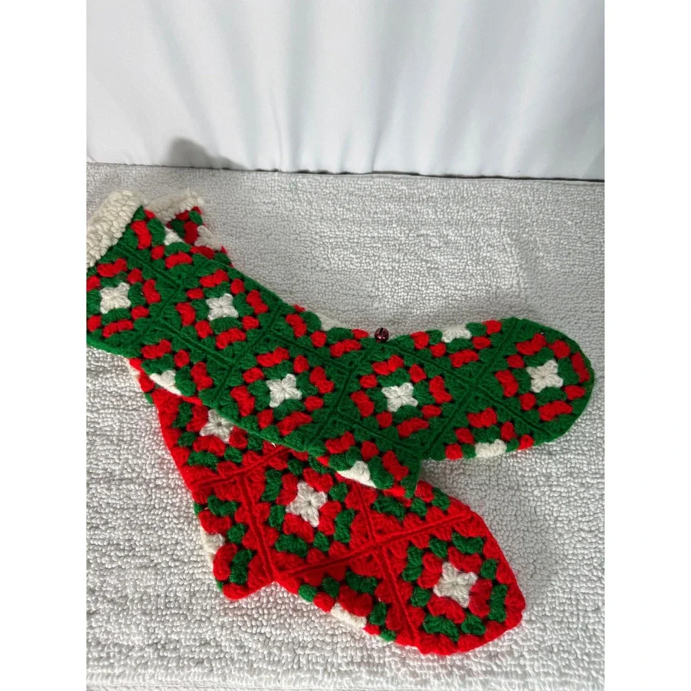 VTG Hand Crocheted Christmas Stockings Red Green White Holly Star Motif Set of 2